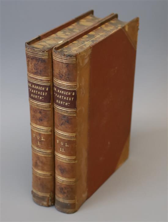 Nansen, Fridtjof, Dr - Farthest North, 2 vols, 8vo, half calf, with folding map, leather stained, boards scuffed, tear and joint split